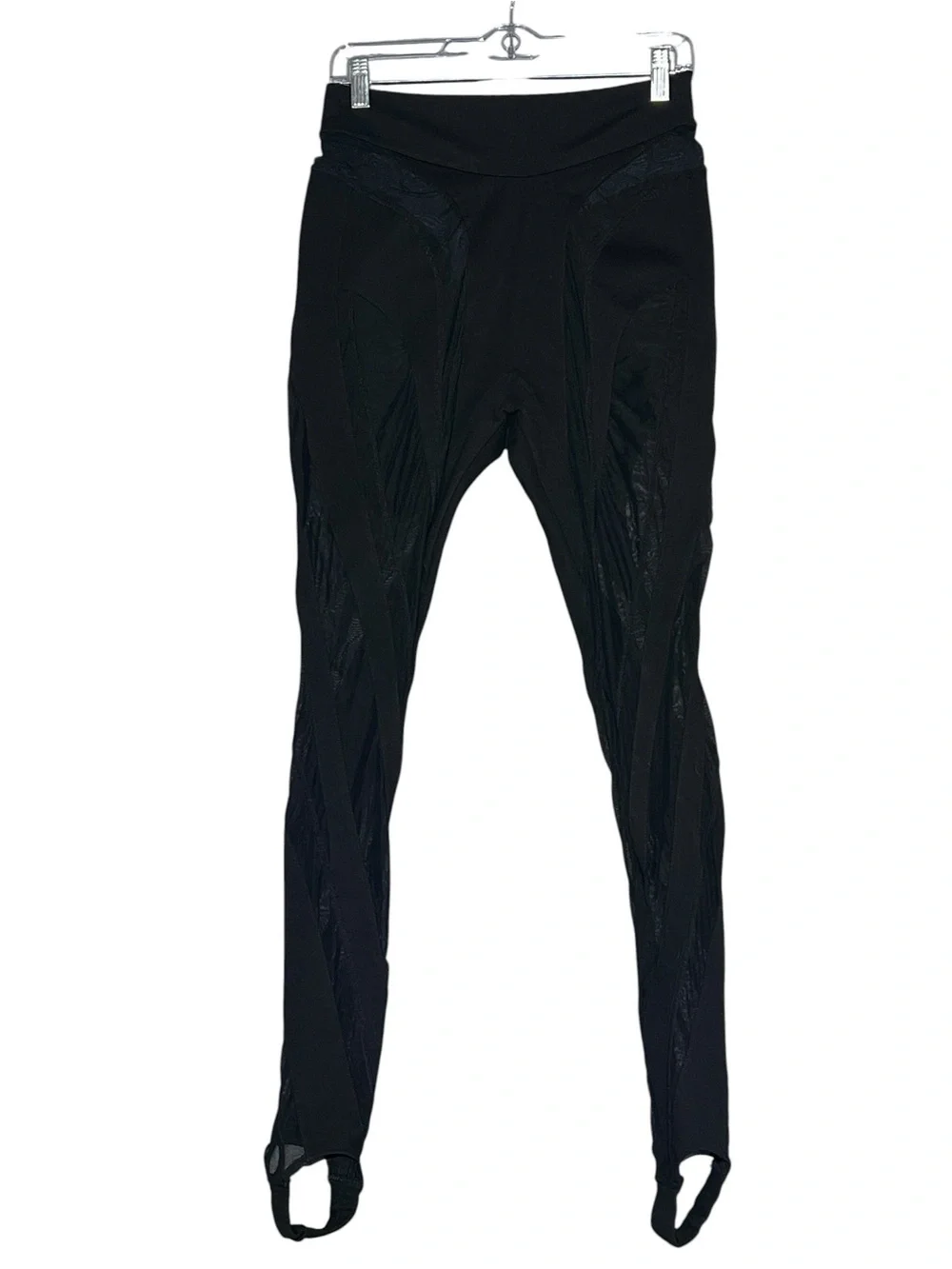 MANIÈRE DE VOIR Black Semi Sheer Mesh Panel Stirrup Leggings High Waist Size 8